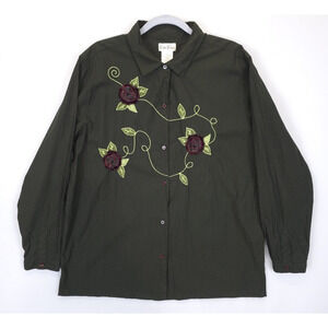 Bobbie Brooks Button Shirt Embroidered Floral Women XL Olive Western Cottagecore